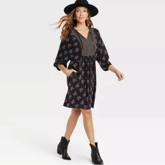 Knox Rose Bishop 3/4 Sleeve A-line Black Dress - Picture 1 of 7